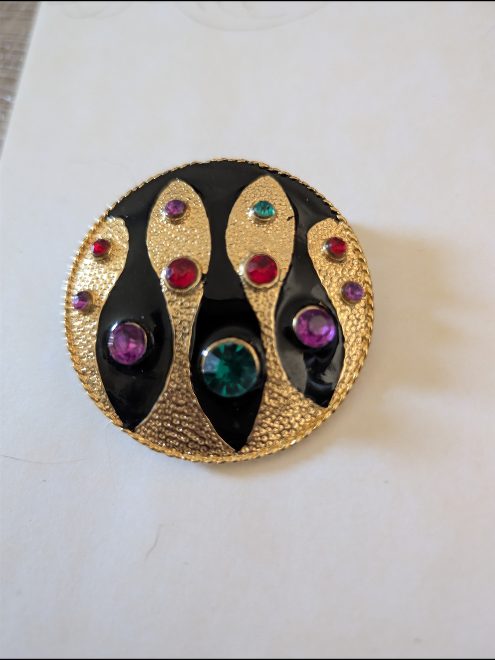 Gold-Tone Round Statement Brooch with Black Enamel and Multicolor Rhinestones